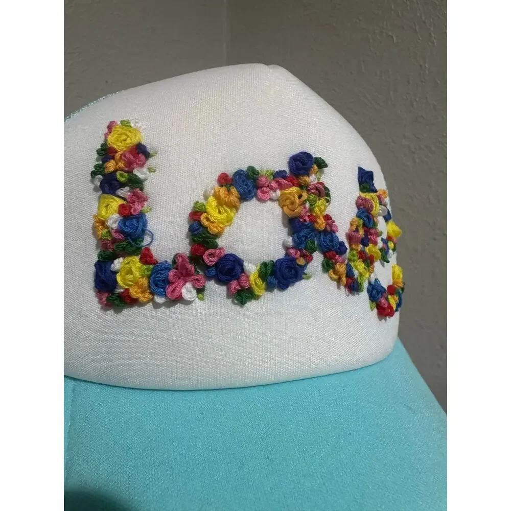Hand Embroidered LOVE Floral Truckers Hat
